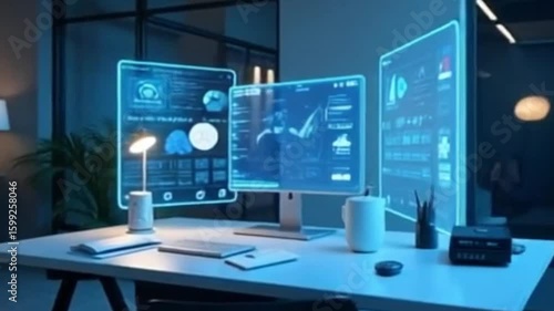 Minimalist Workspace with Floating Digital Holograms