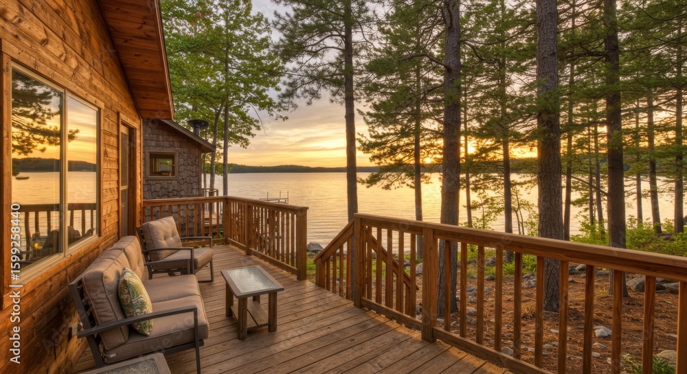 Obraz premium Rustic Lake Cabin Deck Sunset View