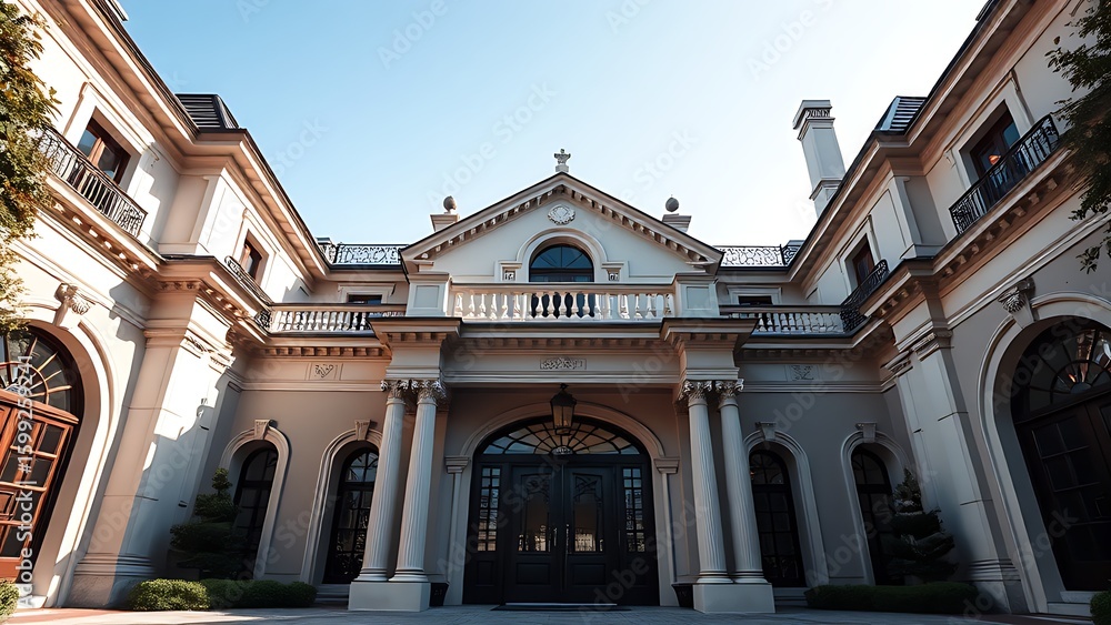 Obraz premium Grand mansion entrance featuring intricate architectural details under clear daylight skies.