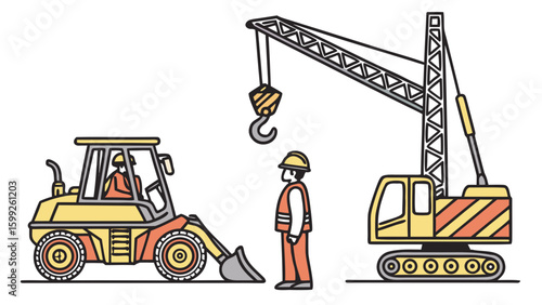 Illustration of construction site with crane, loader, and worker wearing safety gear present here