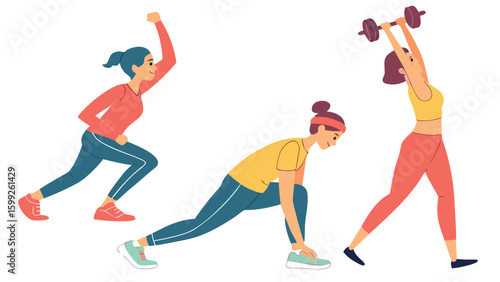 Three women performing different workout exercises including lunges and overhead dumbbell press pose