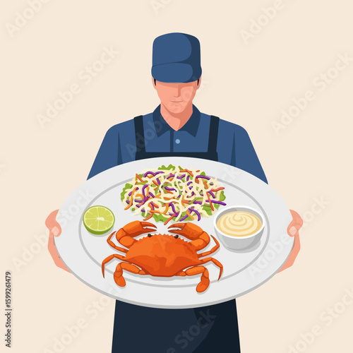 Person Holding Plate with Fresh Orange Crab, Colorful Salad, and Sauce on Cream Background