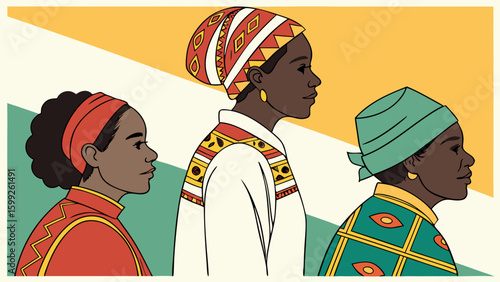 Three women in traditional african headwear and clothing in profile view illustration