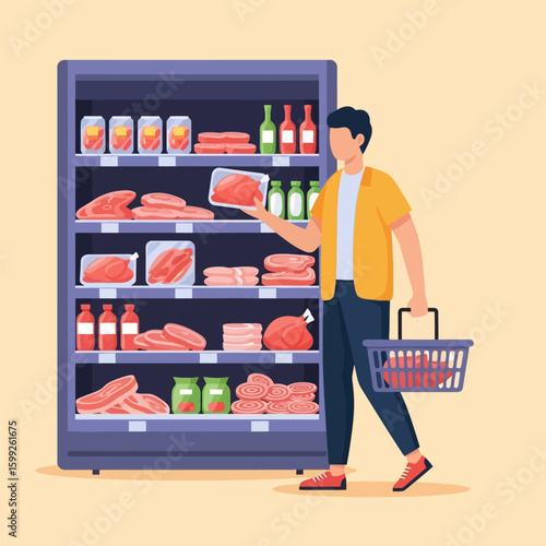 Man Shopping Red Meat From Shelf with Basket in Grocery Store