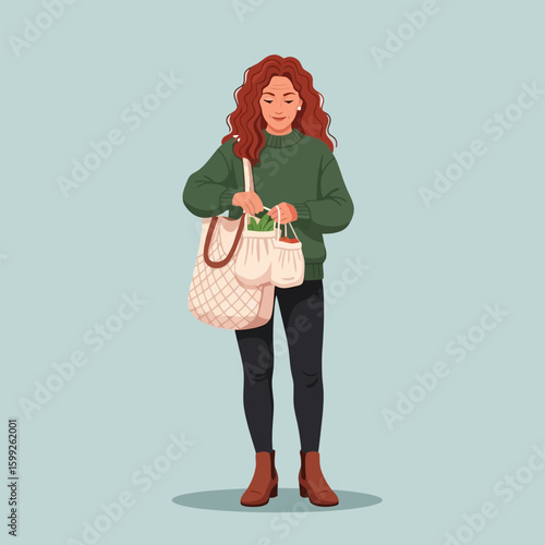 Smiling Woman Putting Groceries in Reusable Bag with Natural Lighting