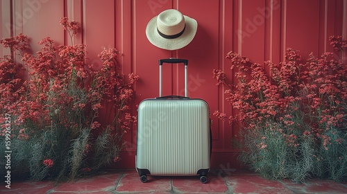 Travel Preparations: Suitcase, Hat, and Red Flowers