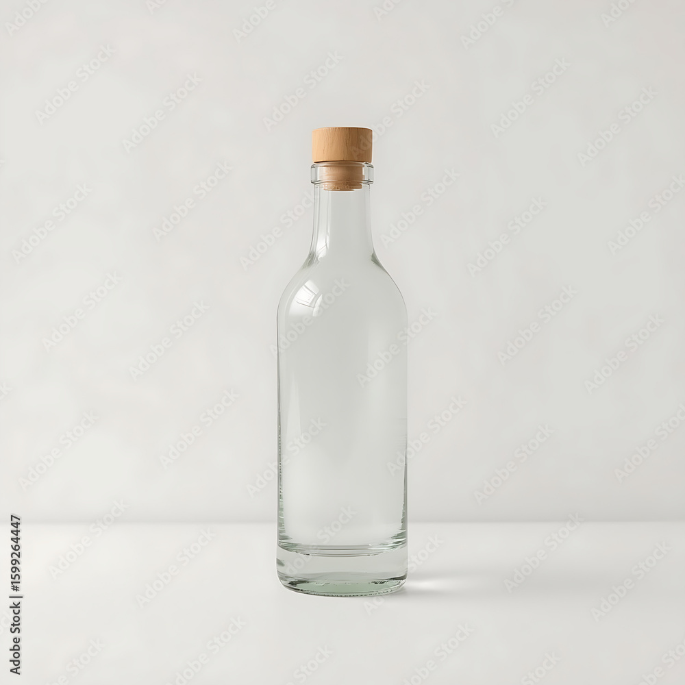 A minimalistic, modern bottle with a cylindrical body and narrow neck, standing upright on a white surface with a plain light background. A minimalistic, modern bottle with a cylindrical body and narrow neck, standing upright on a white surface with a plain light background.