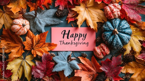 Happy Thanksgiving! Autumnal Decor with Pumpkins and Fall Leaves