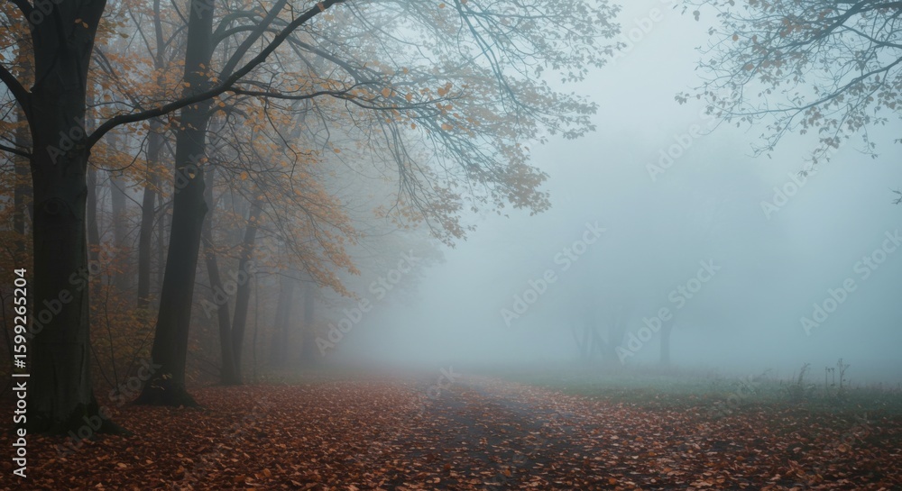 Obraz premium Autumn Forest Path Shrouded in Fog