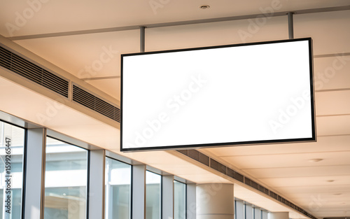 Large blank sign hanging indoors, perfect for advertising or informational displays within an office or commercial space setting