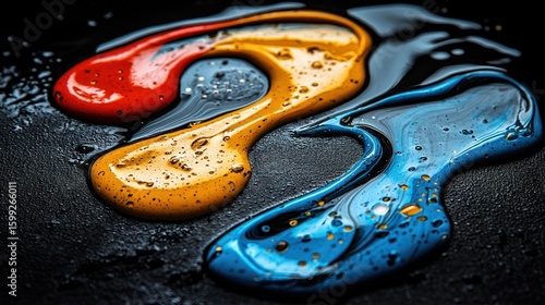 Abstract Colorful Paint Splashes on Dark Surface: A Vibrant Macro Photography of Red, Yellow, and Blue Acrylics