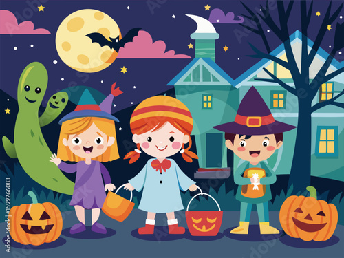 Children in costumes trick or treating on halloween night vector