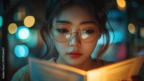 Night Reader: A captivating portrait of a young woman engrossed in a book under the warm glow of city lights, her glasses reflecting the vibrant bokeh.