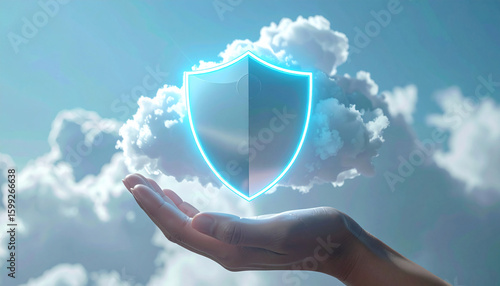 A glowing digital shield icon hovering above a human hand, surrounded by soft clouds in a bright sky. Concept of cloud security, data protection, and futuristic technology.