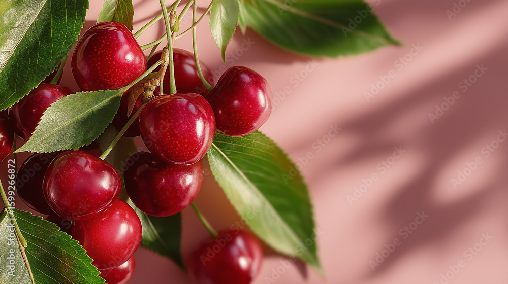Fototapeta premium Cherry on branch: A cluster of vibrant, ripe cherries hanging gracefully from a verdant branch, their glossy surfaces reflecting the soft light of the day. Capturing the freshness and natural beauty
