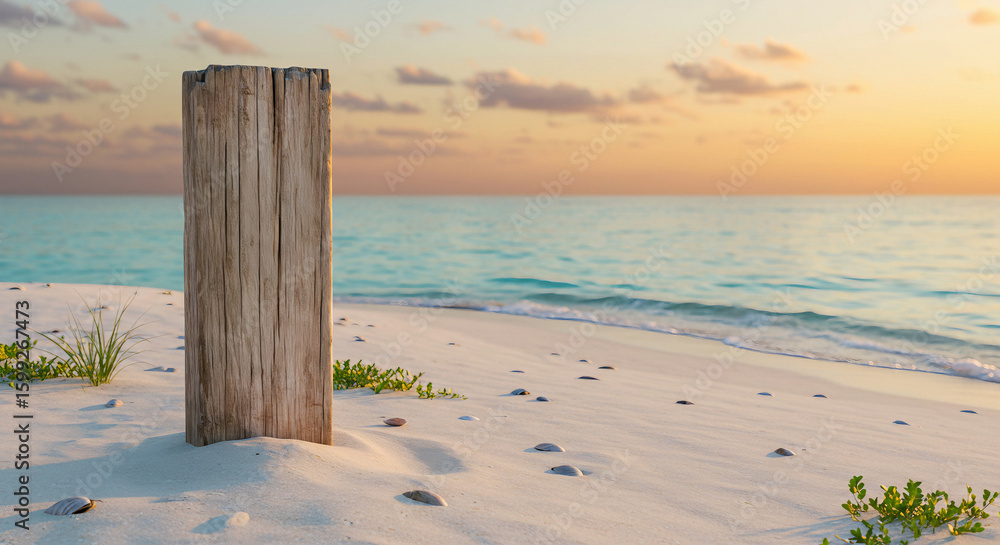 Wooden post on the beach at sunset Wooden post on the beach at sunset