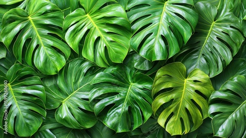 Lush Green Monstera Leaves Background: Tropical Foliage Texture