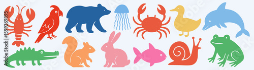 Colorful animal silhouette collection, element vector set