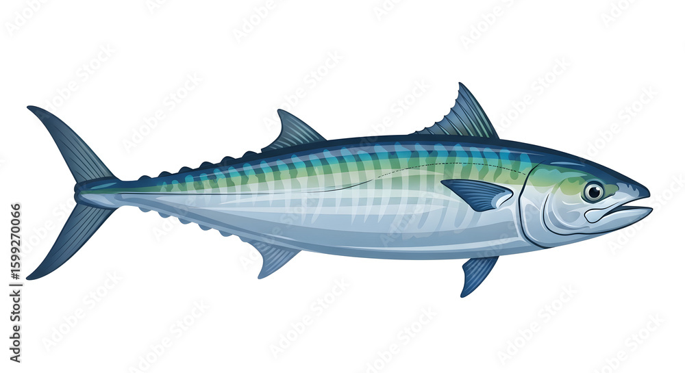 Fototapeta premium Atlantic Spanish Mackerel Illustration Isolated on White Background Fish Sea Ocean