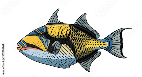 Colorful Reef Triggerfish Illustration, Exotic Marine Fish, Underwater Animal, Ocean Life