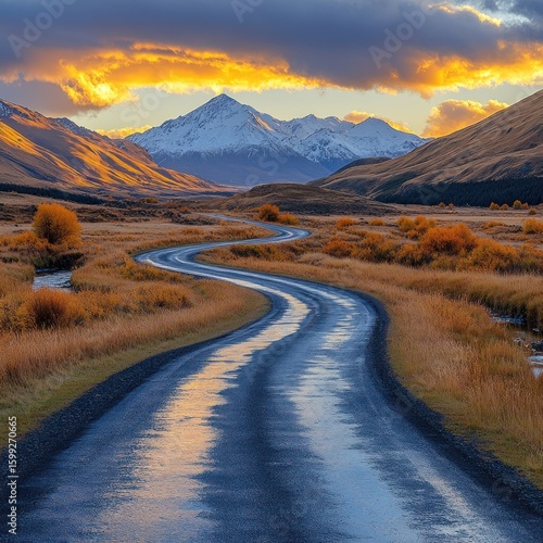 Serene Winding Road Towards Majestic Mountains at Sunset