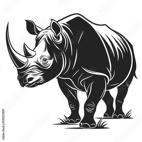 A strong rhinoceros is standing on grass with its powerful horn in a black and white