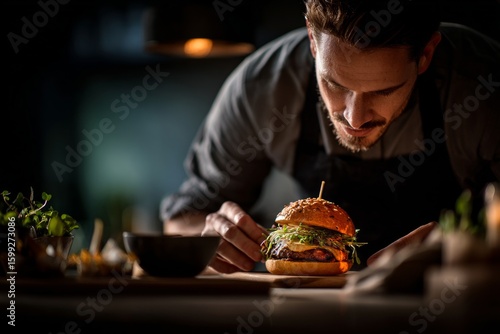 A chef is carefully peeking under the bun of his burger to see if it's ready for serving, with various ingredients and decorations on the table in front of him. 