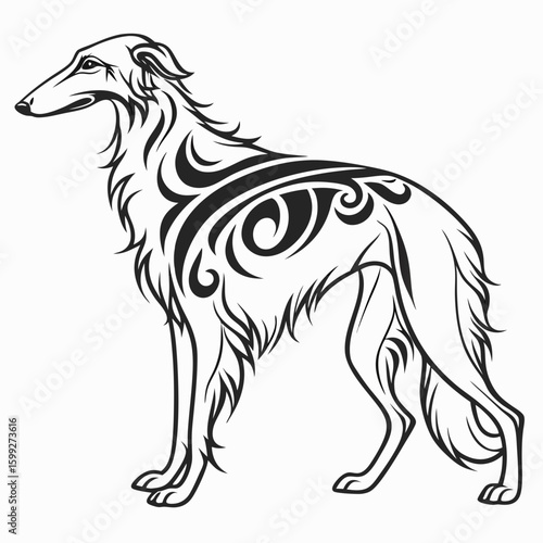 A black and white vector illustration of a borzoi dog with tribal tattoo patterns on