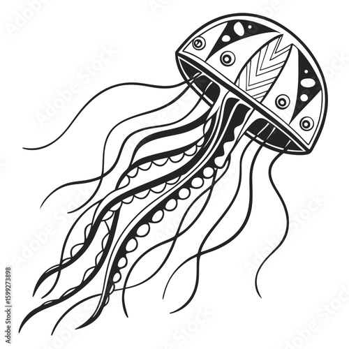 An intricately designed jellyfish is floating in the ocean with patterned details