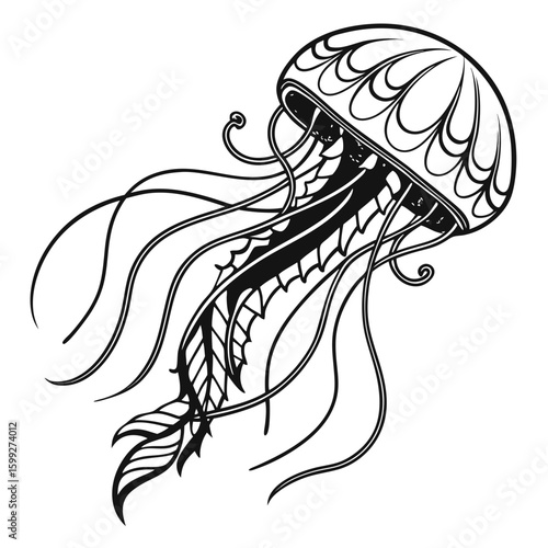 A stylized jellyfish is floating in the ocean with decorative patterns and flowing