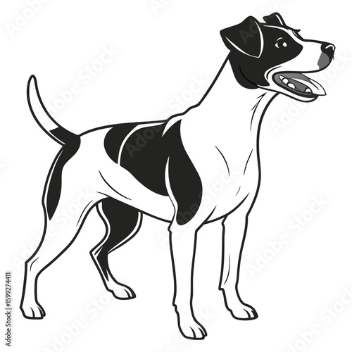 A black and white vector image of a jack russell terrier standing with its mouth open