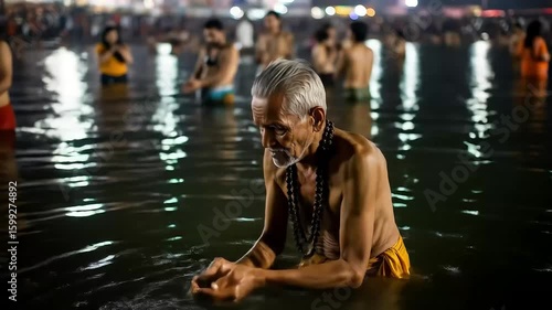 Elderly Man Performing Ritual Bathing In Sacred River Water During Night With Other People Around