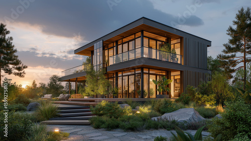 Wallpaper Mural Modern Home Serenity: A contemporary home, nestled in a serene landscape, features stunning architecture that seamlessly blends with its natural surroundings, and inviting ambiance.  Torontodigital.ca