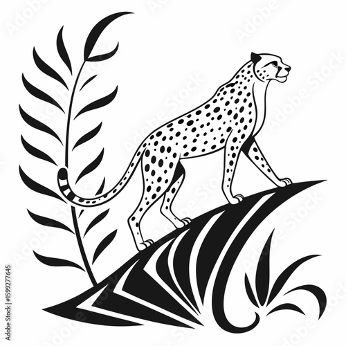 A sleek cheetah stands gracefully on a rocky outcrop amidst lush tropical foliage