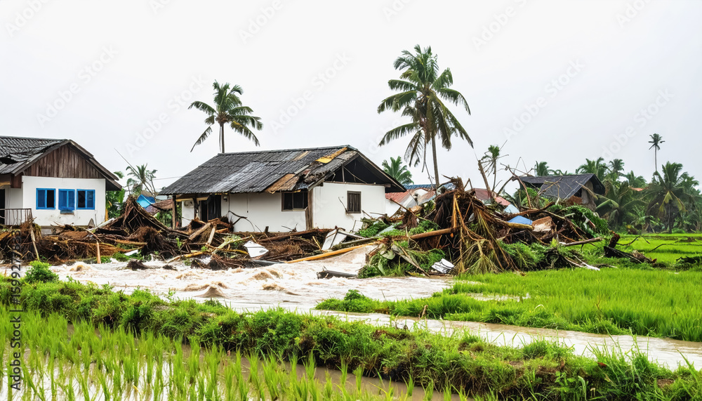 Fototapeta premium House surrounded by flooded rice fields after typhoon damage with clear copy space for text and isolation on white background