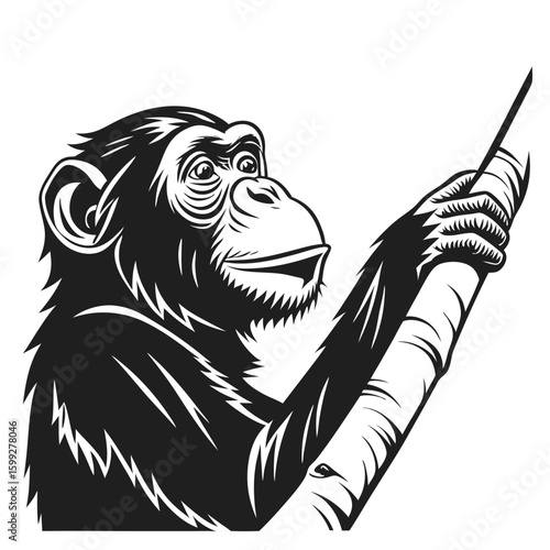 A chimpanzee climbs a tree branch showcasing its arboreal skills in a black and