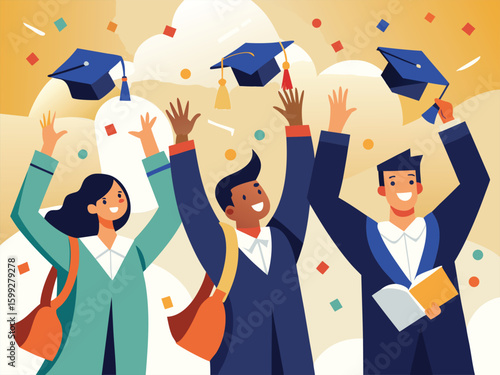 Joyful graduates celebrating with caps and confetti graduation celebration