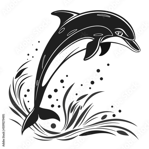 A sleek dolphin jumps high above the ocean waves creating a splash of water and
