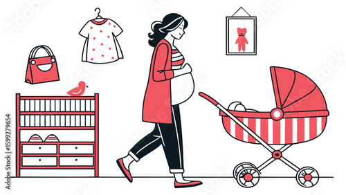 Pregnant woman walking with baby stroller in nursery with baby clothes and teddy bear picture hanging up