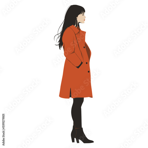 A woman with straight dark hair in a rust-orange trench coat illustration profile style vector
