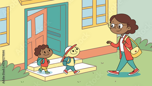 Illustration of two children entering a school with their teacher walking alongside them cheerfully