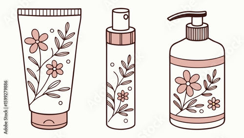 Illustration of three cosmetic containers with floral designs in a simple line art style
