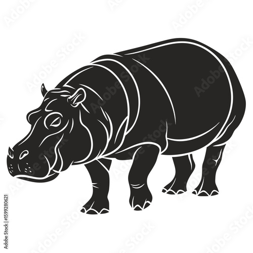 A large hippopotamus is standing calmly captured in a detailed vector