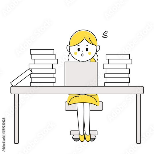 仕事に追われて頑張る会社員の女性のイラスト