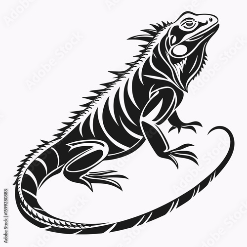 A black and white vector image of an iguana with tribal patterns and a long curled