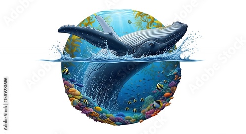 Whale Swimming in Underwater Coral Reef Scene with Colorful Fish and Ocean Plants