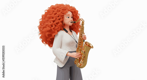 Girl in red hair playing saxophone in a musical performance