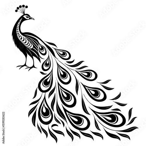 A stunning black and white peacock illustration showcases its elaborate tail