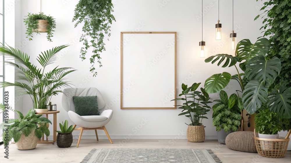 Fototapeta premium Botanical-Themed Poster in Naturally Lit Modern Room for Lifestyle or Plant-Based Visuals