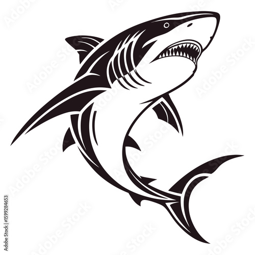 A black and white illustration of a great white shark swimming upwards with its